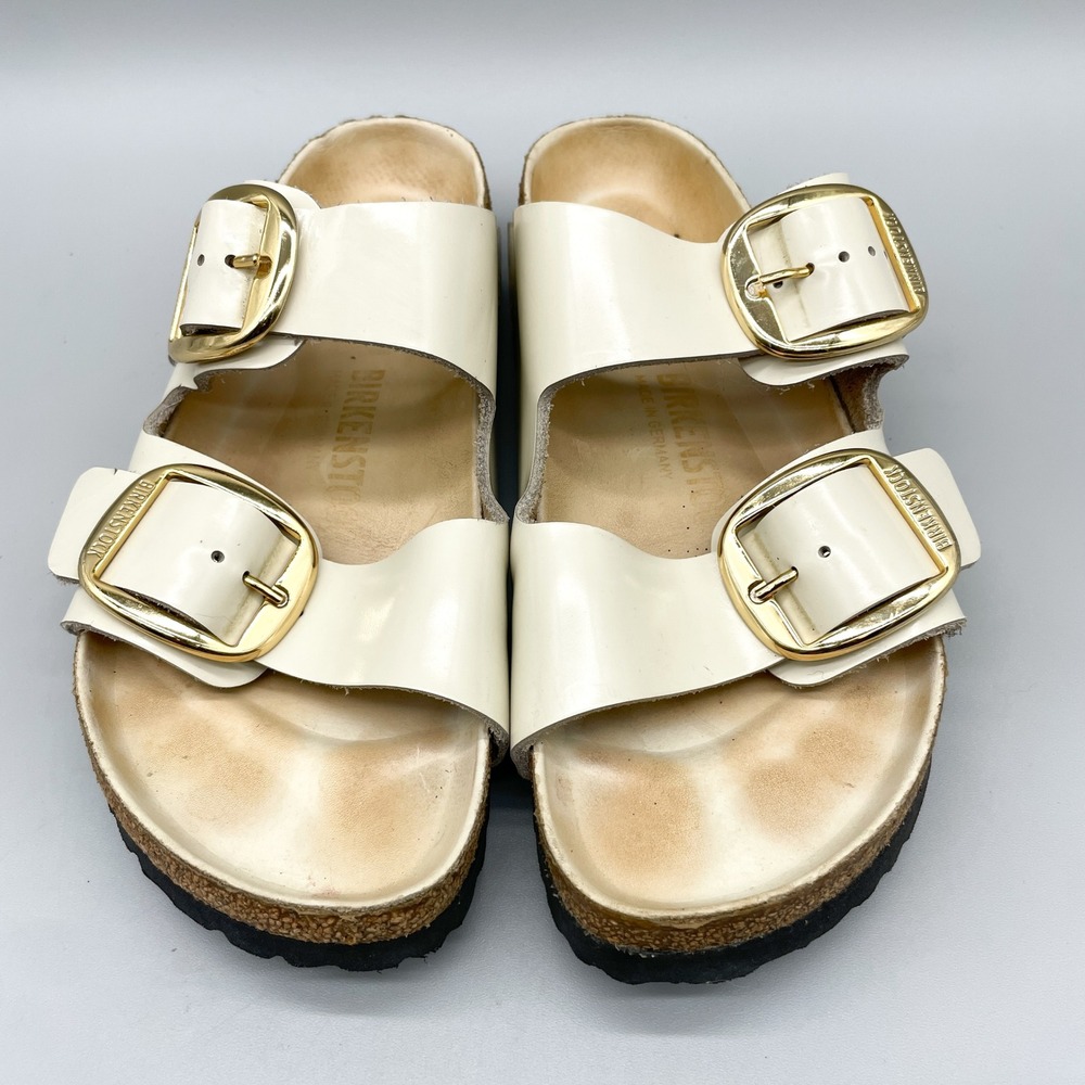 Birkenstock Womens 39 8 Arizona Big Buckle Sandals Cream Patent Leather Boho